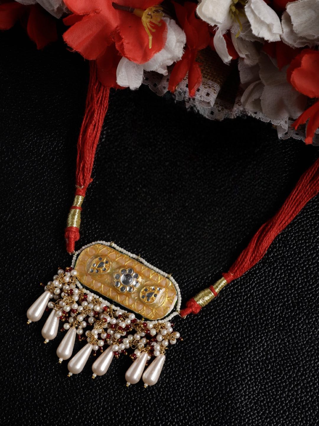 Meenakari Necklace with Adjustable Dori and Multi Color Pearl Hangings