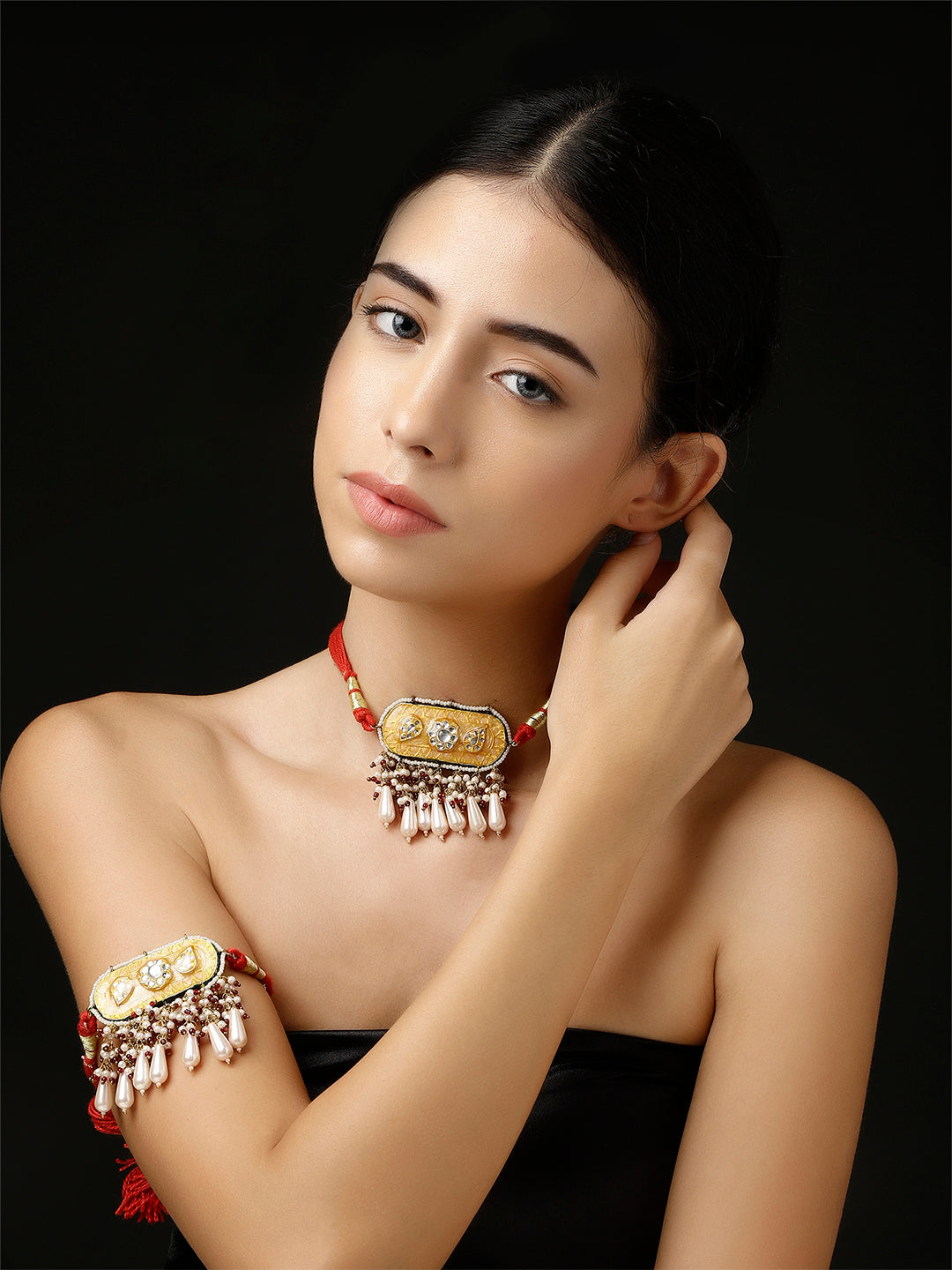 Meenakari Necklace with Adjustable Dori and Multi Color Pearl Hangings
