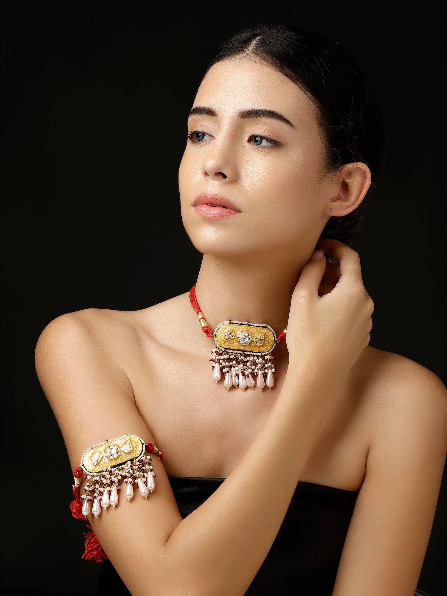 Meenakari Necklace with Adjustable Dori and Multi Color Pearl Hangings