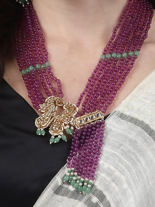 Purple and Green Peacock Bird shaped Kundan Necklace with Pearls Strings from Dugristyle Ruhaniyat By Dugran