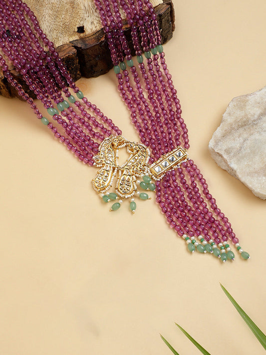 Purple and Green Peacock Bird shaped Kundan Necklace with Pearls Strings from Dugristyle Ruhaniyat By Dugran