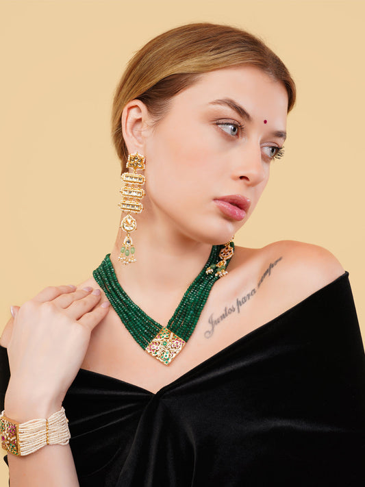 Green and Red Jadau Necklace with open box clasp closure and stone lines  from Dugristyle Ruhaniyat By Dugran