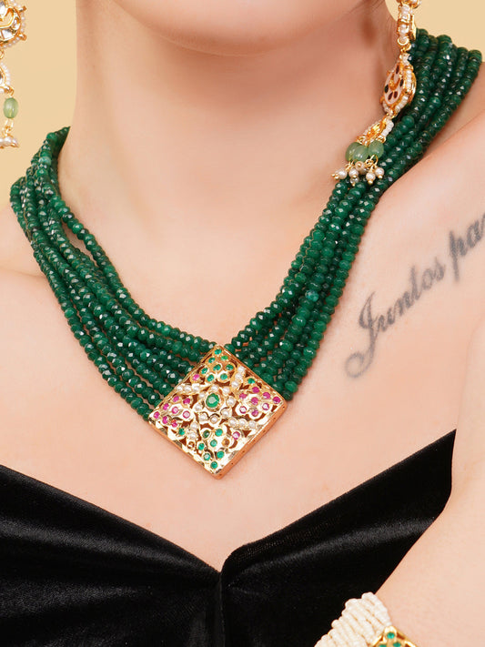 Green and Red Jadau Necklace with open box clasp closure and stone lines  from Dugristyle Ruhaniyat By Dugran