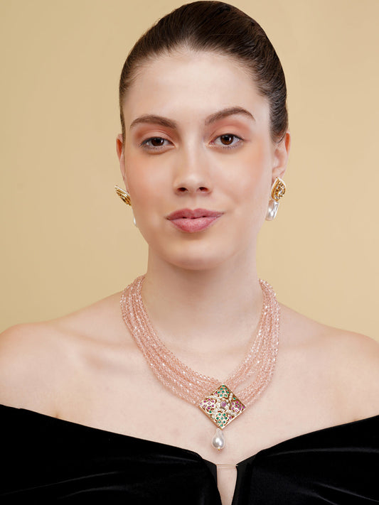 Pink and Red Jadau Necklace with open box clasp closure and stone lines  from Dugristyle Ruhaniyat By Dugran