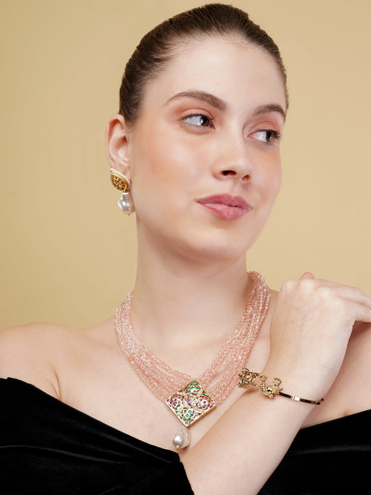 Pink and Red Jadau Necklace with open box clasp closure and stone lines  from Dugristyle Ruhaniyat By Dugran
