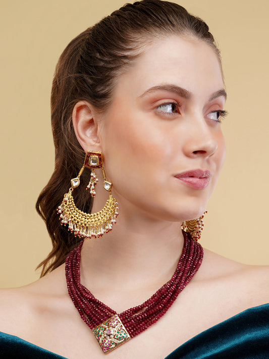 Maroon and Red Jadau Necklace with open box clasp closure and stone lines  from Dugristyle Ruhaniyat By Dugran