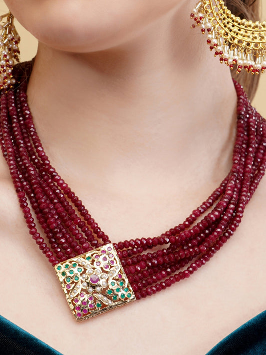 Maroon and Red Jadau Necklace with open box clasp closure and stone lines  from Dugristyle Ruhaniyat By Dugran