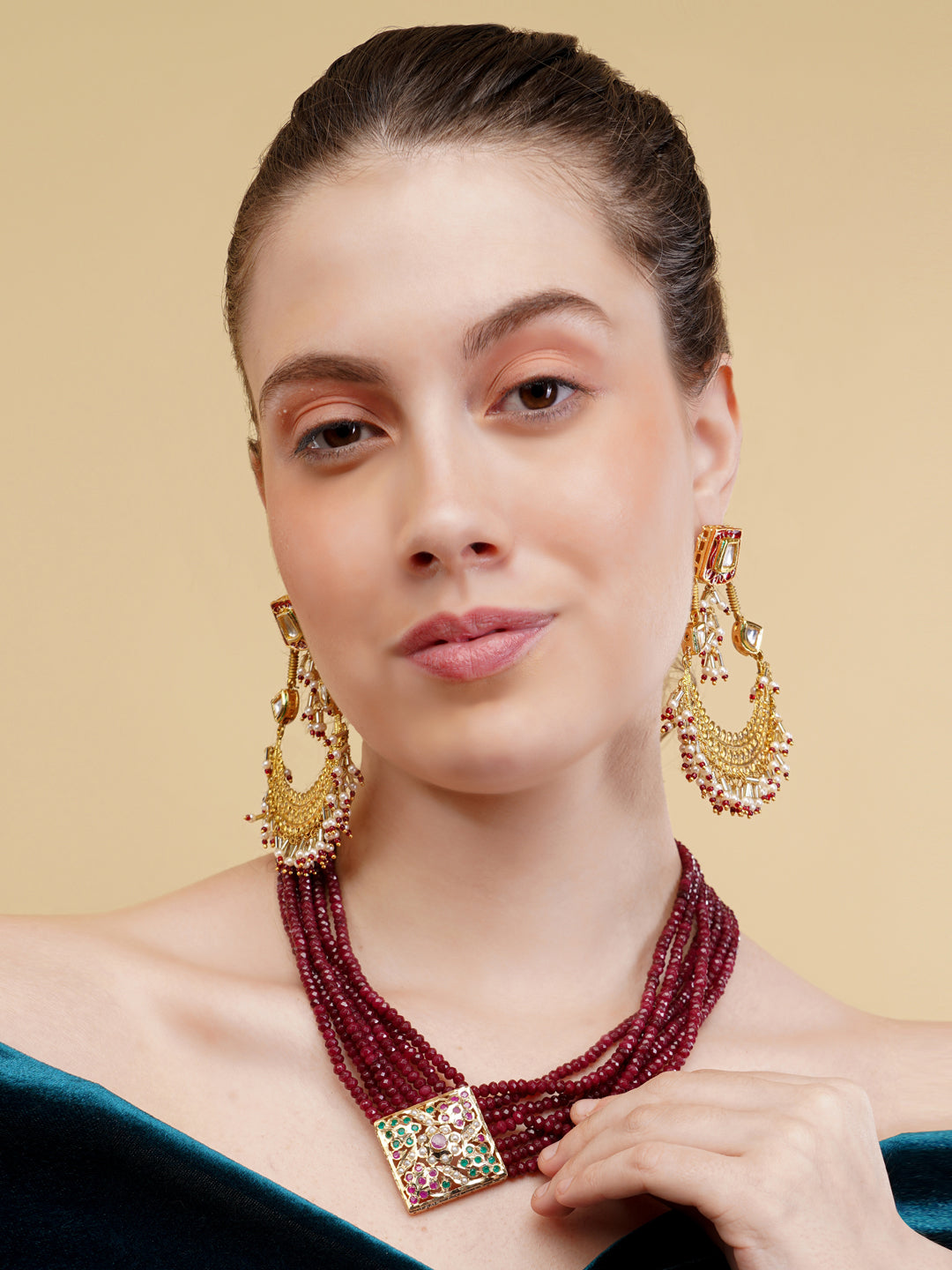 Maroon and Red Jadau Necklace with open box clasp closure and stone lines  from Dugristyle Ruhaniyat By Dugran