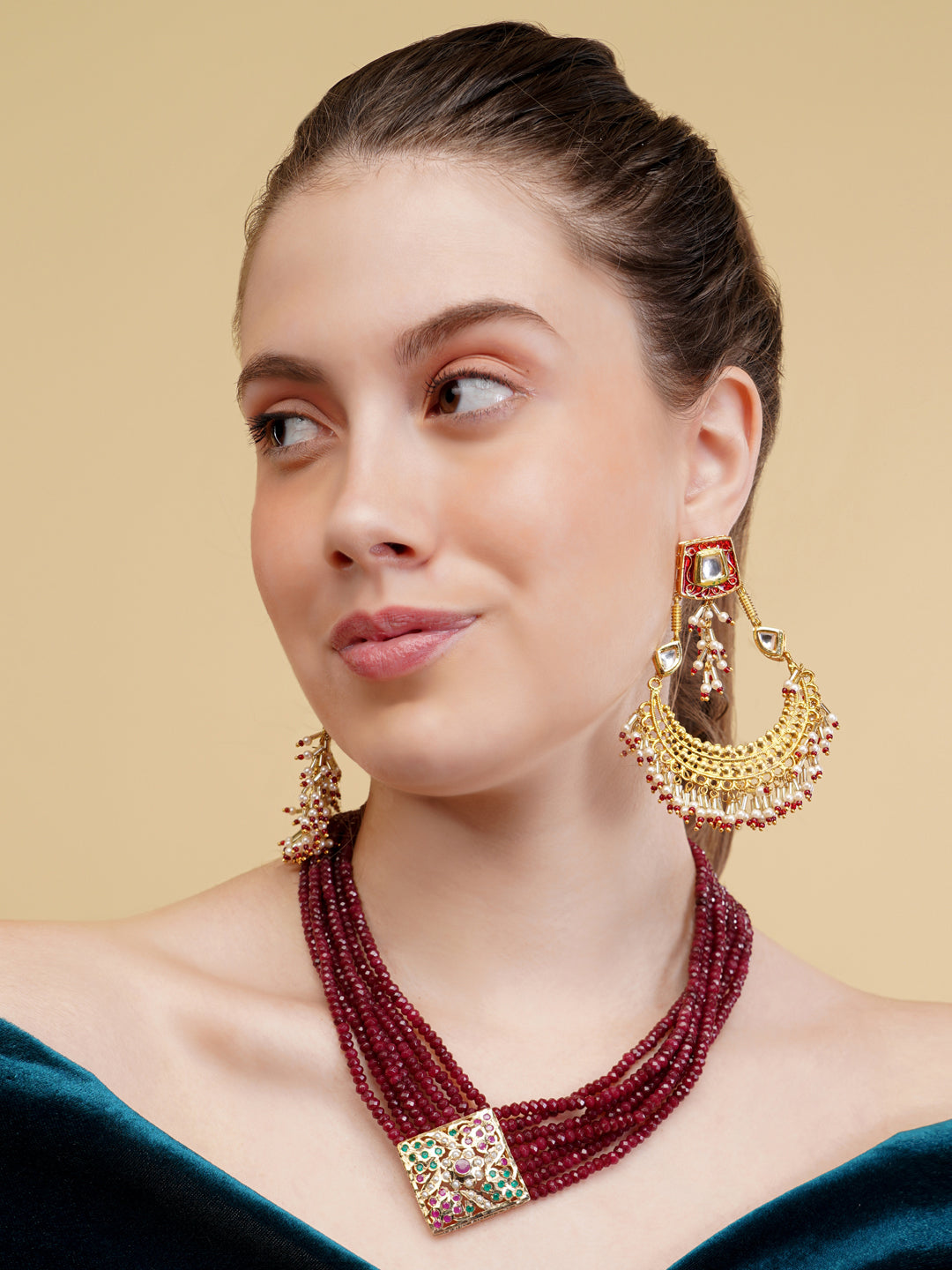 Maroon and Red Jadau Necklace with open box clasp closure and stone lines  from Dugristyle Ruhaniyat By Dugran
