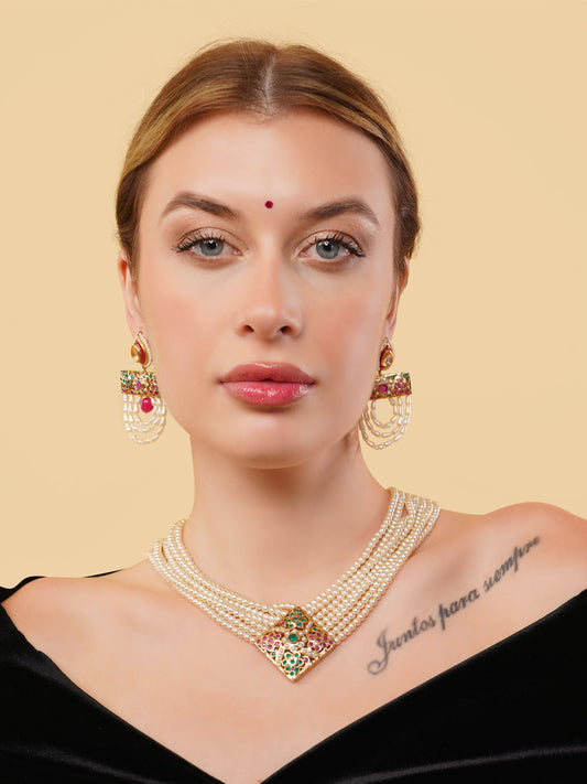 White and Red Jadau Necklace with open box clasp closure and stone lines  from Dugristyle Ruhaniyat By Dugran