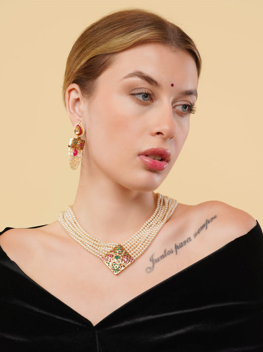 White and Red Jadau Necklace with open box clasp closure and stone lines  from Dugristyle Ruhaniyat By Dugran