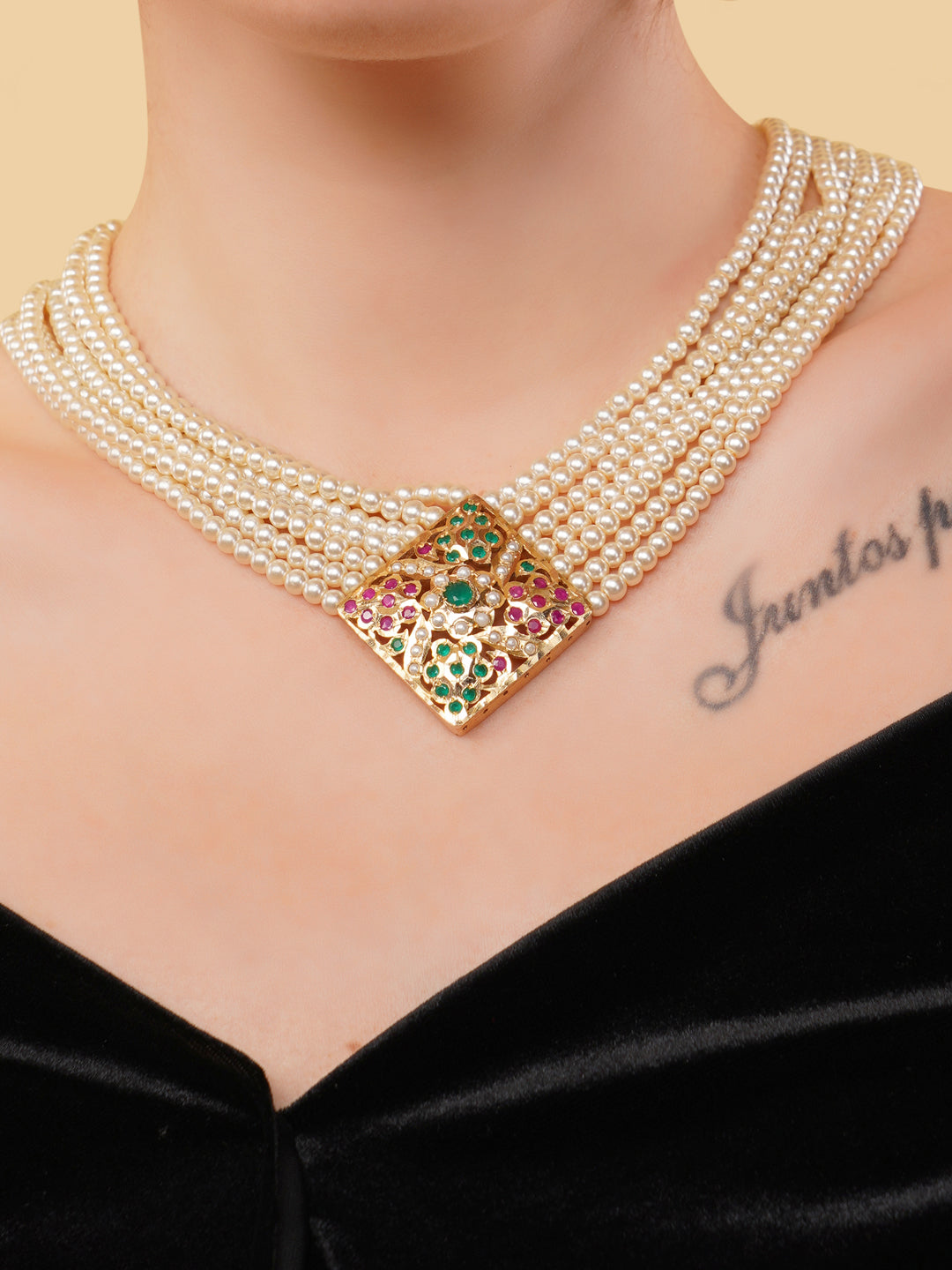 White and Red Jadau Necklace with open box clasp closure and stone lines  from Dugristyle Ruhaniyat By Dugran
