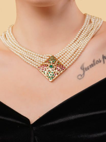 White and Red Jadau Necklace with open box clasp closure and stone lines  from Dugristyle Ruhaniyat By Dugran