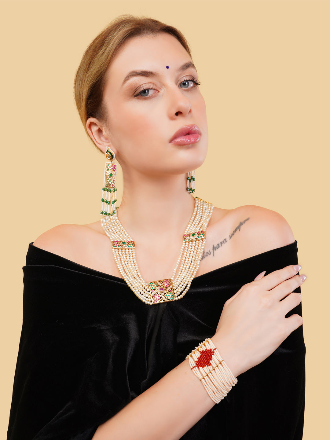 Green and Red Jadau Necklace with pearls lines and handmade adjustable dori from Dugristyle Ruhaniyat By Dugran

