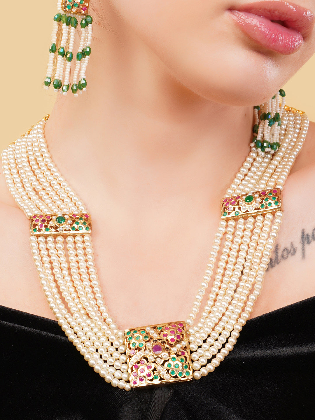 Green and Red Jadau Necklace with pearls lines and handmade adjustable dori from Dugristyle Ruhaniyat By Dugran
