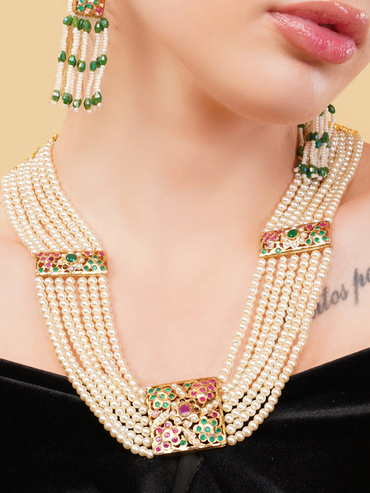 Green and Red Jadau Necklace with pearls lines and handmade adjustable dori from Dugristyle Ruhaniyat By Dugran
