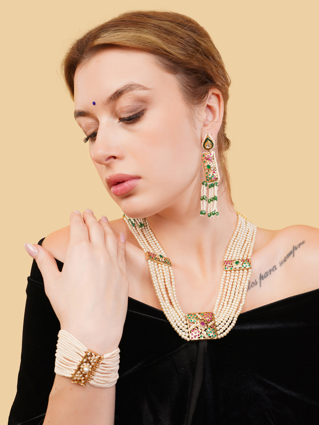 Green and Red Jadau Necklace with pearls lines and handmade adjustable dori from Dugristyle Ruhaniyat By Dugran