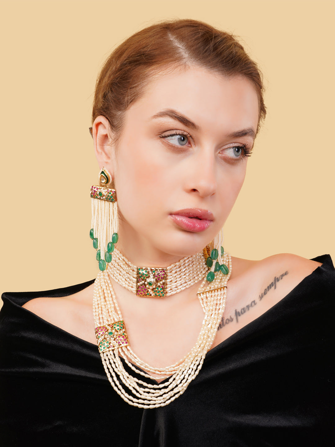 Jadau Necklace with pearls lines and handmade adjustable dori