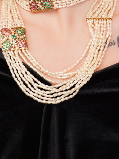 Green and Red Jadau Necklace with pearls lines and handmade adjustable dori from Dugristyle Ruhaniyat By Dugran