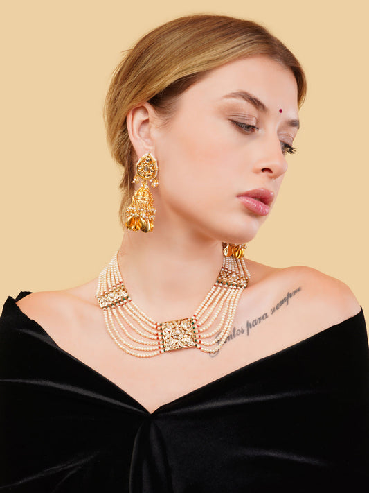 Green and Red Jadau Necklace with pearls lines and handmade adjustable dori from Dugristyle Ruhaniyat By Dugran