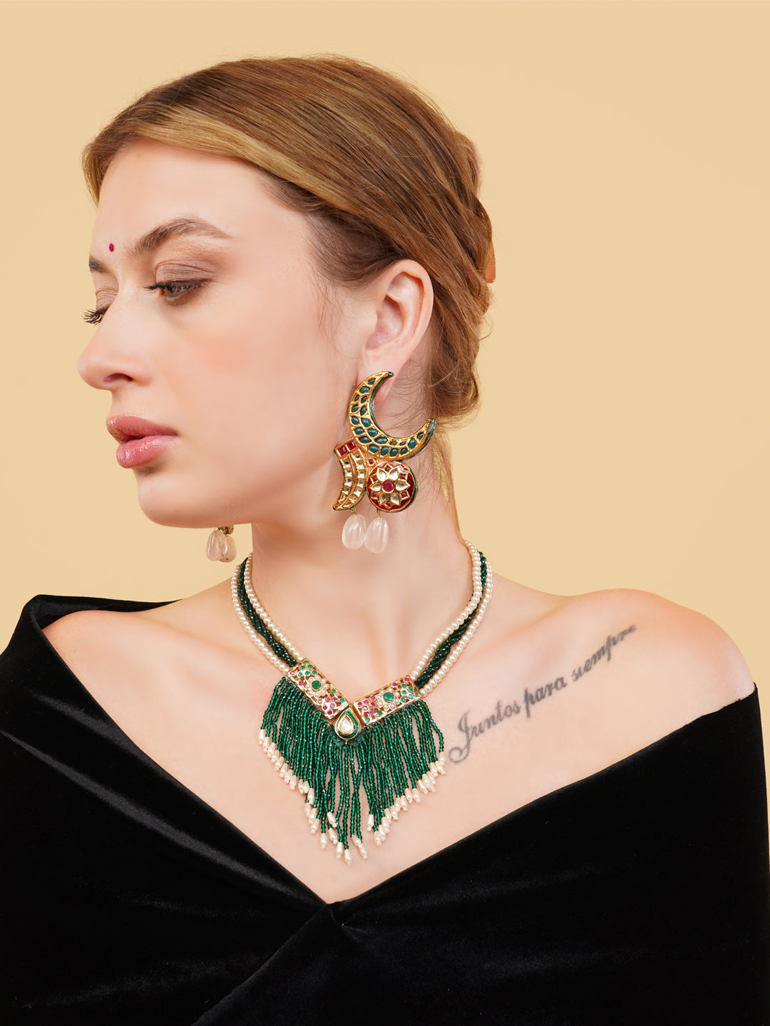 Green and Red Jadau Necklace with Faux Emerald lines and handmade adjustable dori from Dugristyle Ruhaniyat By Dugran