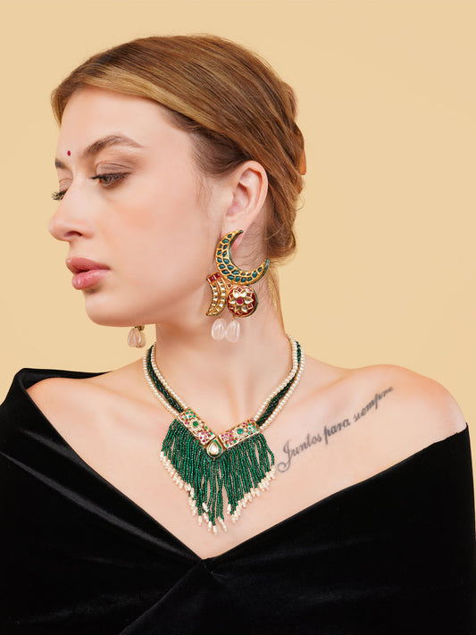 Green and Red Jadau Necklace with Faux Emerald lines and handmade adjustable dori from Dugristyle Ruhaniyat By Dugran