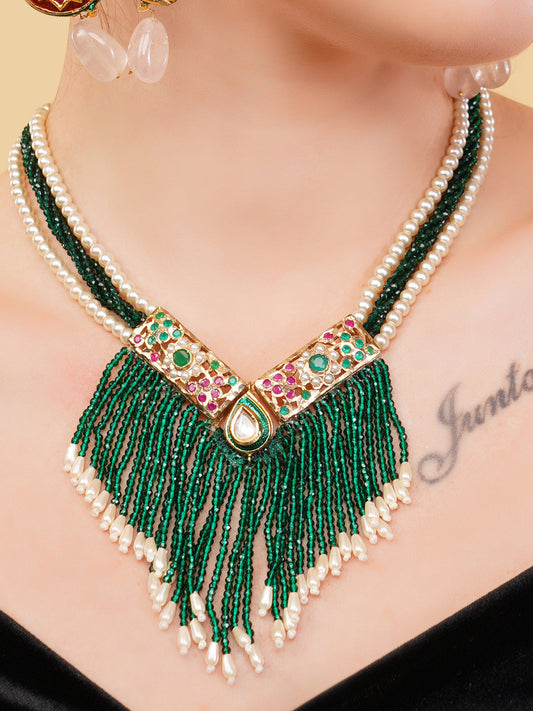 Green and Red Jadau Necklace with Faux Emerald lines and handmade adjustable dori from Dugristyle Ruhaniyat By Dugran