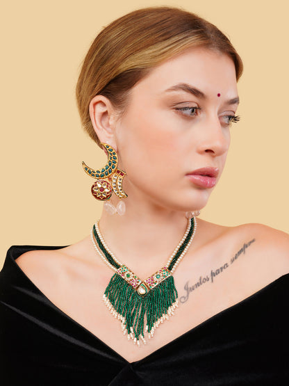Green and Red Jadau Necklace with Faux Emerald lines and handmade adjustable dori from Dugristyle Ruhaniyat By Dugran