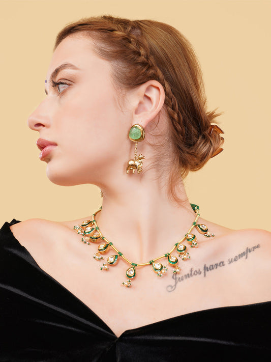 Green and Gold Meeenakari amalgamation with kundan tikra with handmade dori  from Dugristyle Ruhaniyat By Dugran