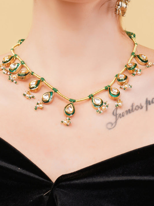 Green and Gold Meeenakari amalgamation with kundan tikra with handmade dori  from Dugristyle Ruhaniyat By Dugran