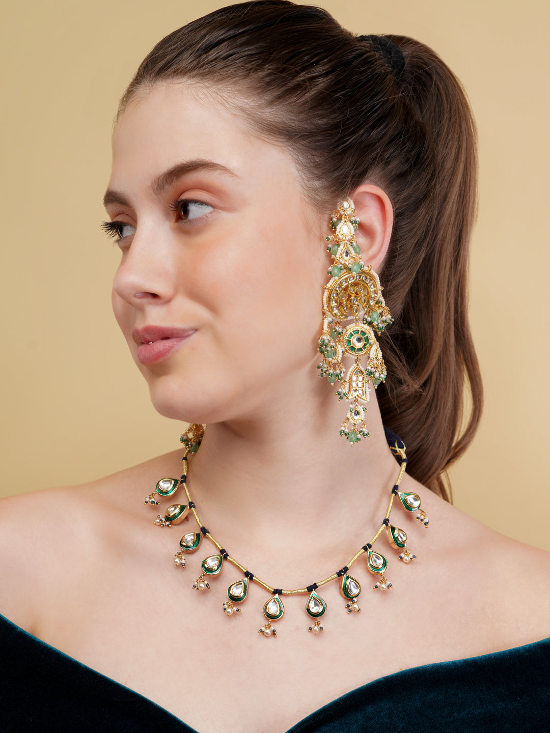 Green and Gold Meeenakari amalgamation with kundan tikra with handmade dori  from Dugristyle Ruhaniyat By Dugran