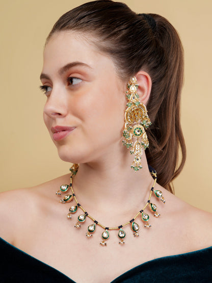 Green and Gold Meeenakari amalgamation with kundan tikra with handmade dori  from Dugristyle Ruhaniyat By Dugran