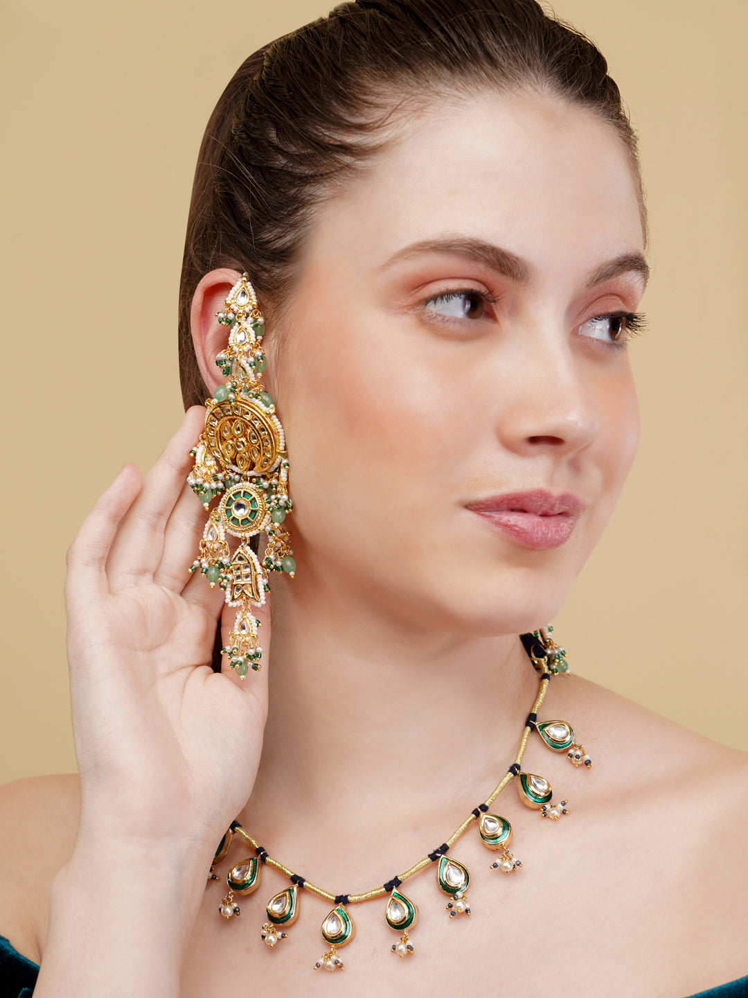 Green and Gold Meeenakari amalgamation with kundan tikra with handmade dori  from Dugristyle Ruhaniyat By Dugran