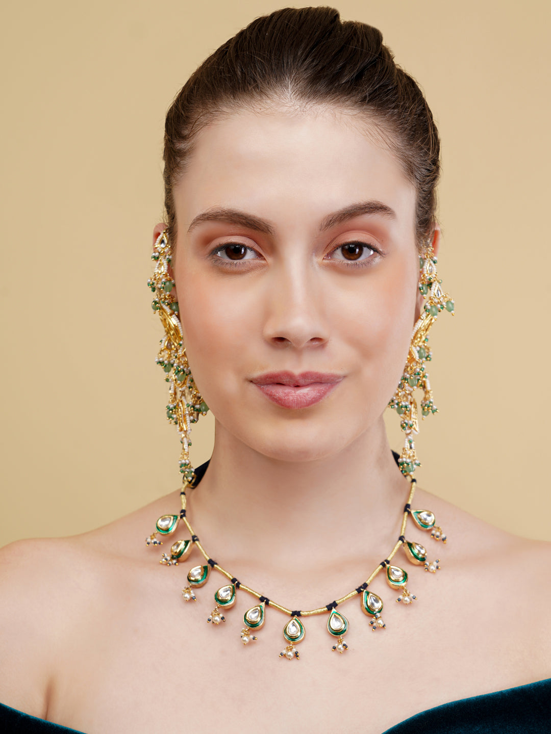 Green and Gold Meeenakari amalgamation with kundan tikra with handmade dori  from Dugristyle Ruhaniyat By Dugran
