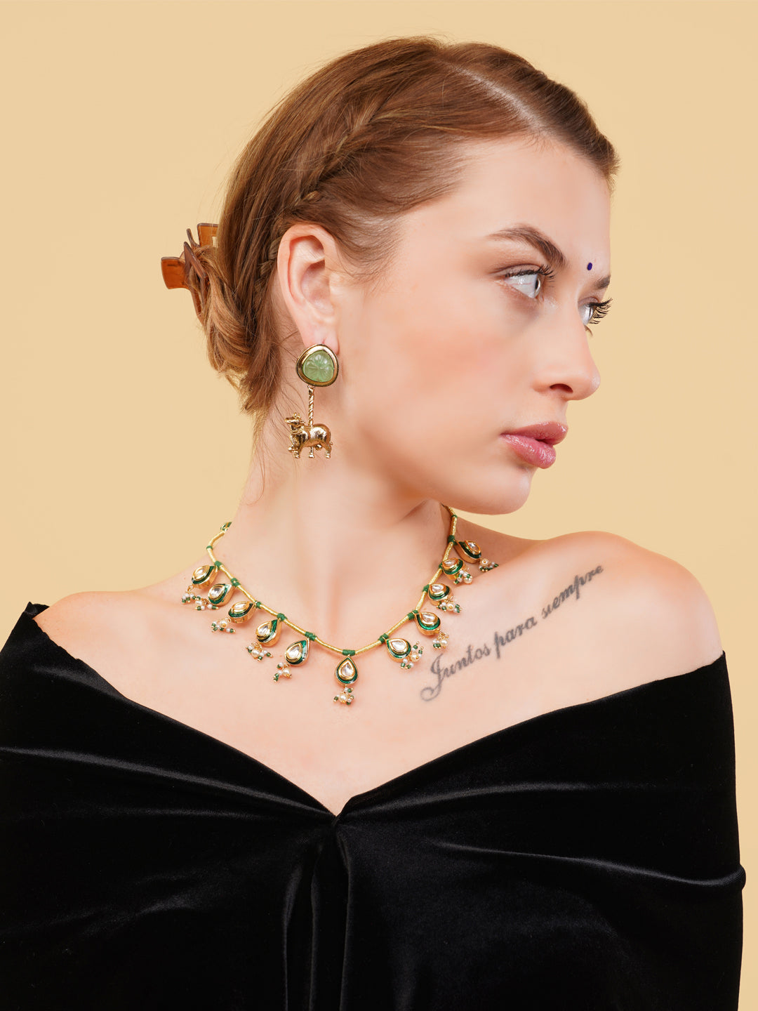 Green and Gold Meeenakari amalgamation with kundan tikra with handmade dori  from Dugristyle Ruhaniyat By Dugran
