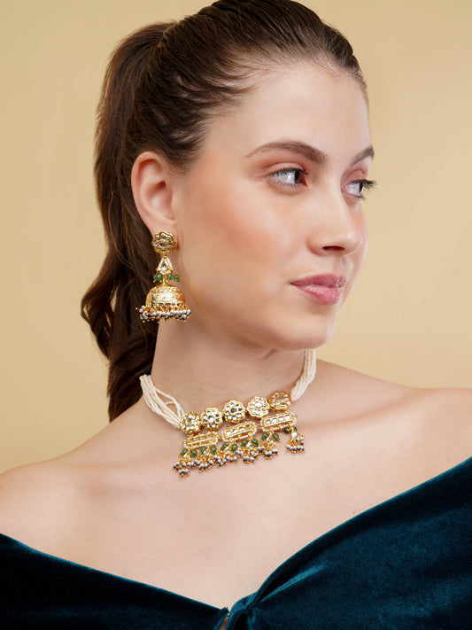 Green and Blue Kundan necklace with pearls lines comlimeted with handmade dori from Dugristyle Ruhaniyat By Dugran