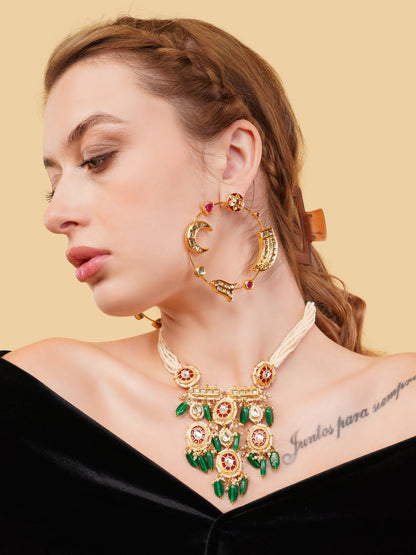 Red and Gold Kundan Necklace with Faux Ruby stones touch and pearls strings used with handmade dori from Dugristyle Ruhaniyat By Dugran