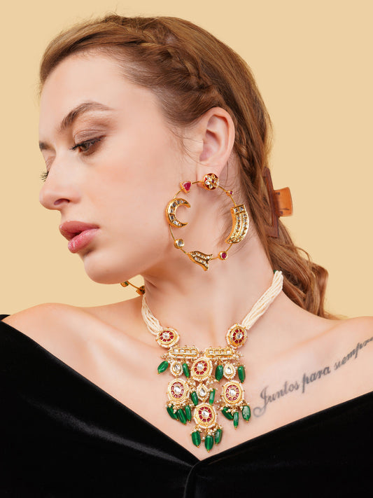 Red and Gold Kundan Necklace with Faux Ruby stones touch and pearls strings used with handmade dori from Dugristyle Ruhaniyat By Dugran