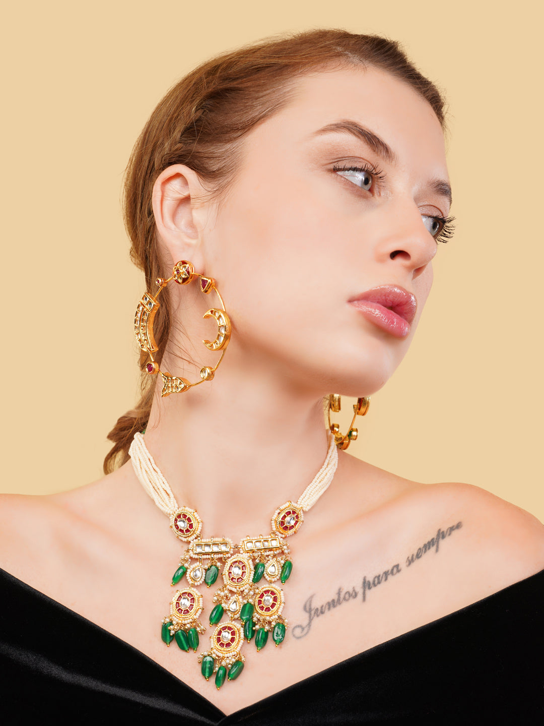 Red and Gold Kundan Necklace with Faux Ruby stones touch and pearls strings used with handmade dori from Dugristyle Ruhaniyat By Dugran