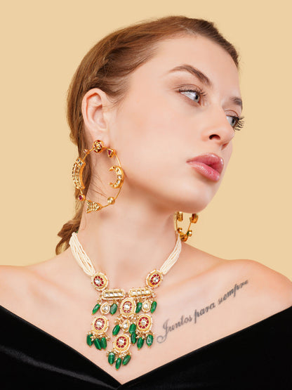 Red and Gold Kundan Necklace with Faux Ruby stones touch and pearls strings used with handmade dori from Dugristyle Ruhaniyat By Dugran