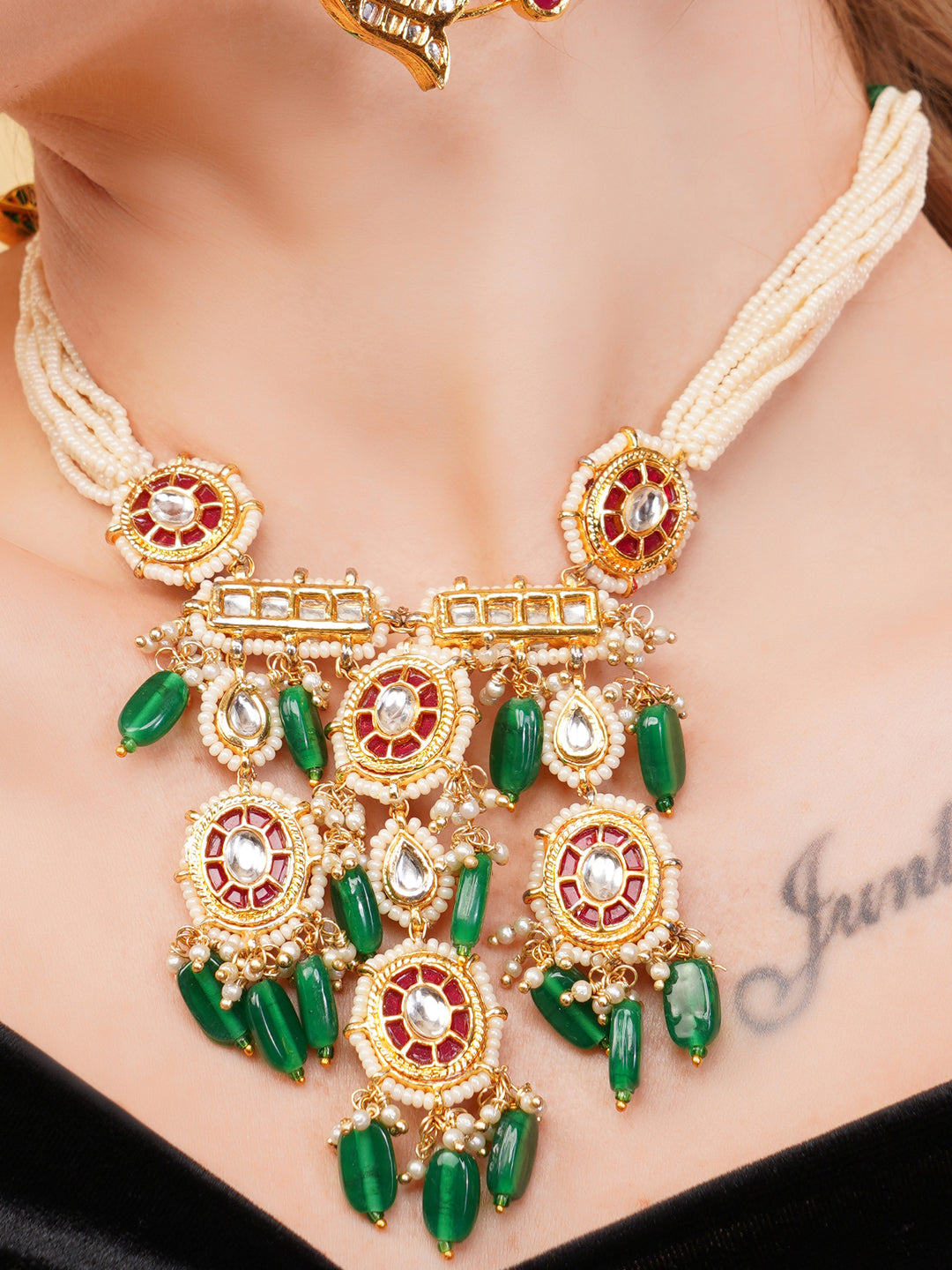 Red and Gold Kundan Necklace with Faux Ruby stones touch and pearls strings used with handmade dori from Dugristyle Ruhaniyat By Dugran