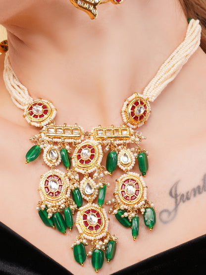 Red and Gold Kundan Necklace with Faux Ruby stones touch and pearls strings used with handmade dori from Dugristyle Ruhaniyat By Dugran
