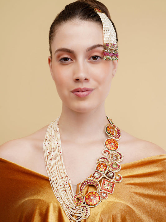 Red and Maroon Designer necklace woith meenakari tikras alsong with kundan tikras joined togather with pearls strings from Dugristyle Ruhaniyat By Dugran

