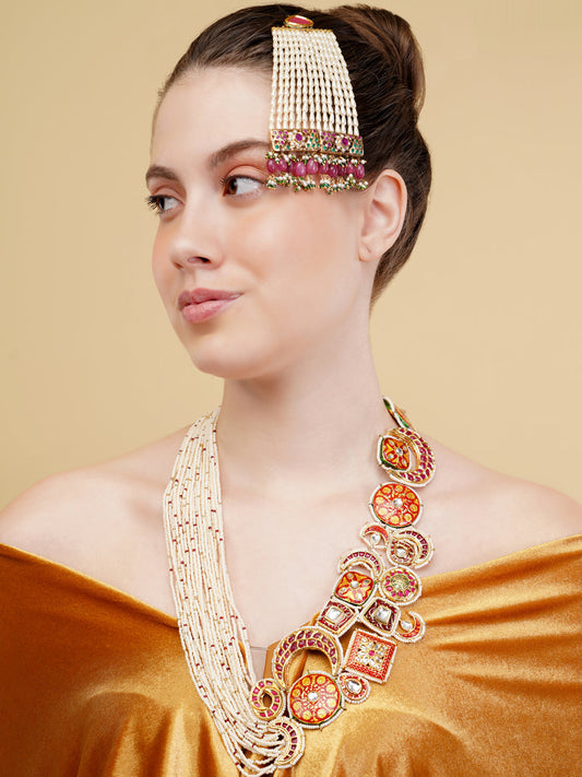 Red and Maroon Designer necklace woith meenakari tikras alsong with kundan tikras joined togather with pearls strings from Dugristyle Ruhaniyat By Dugran