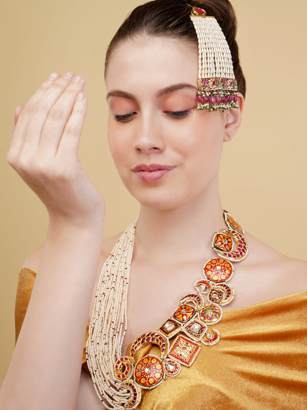 Red and Maroon Designer necklace woith meenakari tikras alsong with kundan tikras joined togather with pearls strings from Dugristyle Ruhaniyat By Dugran