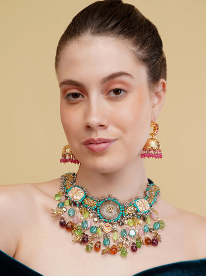 Blue and Beige Peacock inspired multi shaped tikra necklace with hangings and handmade dori from Dugristyle Ruhaniyat By Dugran