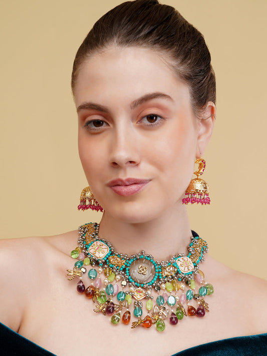 Blue and Beige Peacock inspired multi shaped tikra necklace with hangings and handmade dori from Dugristyle Ruhaniyat By Dugran