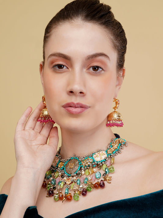 Blue and Beige Peacock inspired multi shaped tikra necklace with hangings and handmade dori from Dugristyle Ruhaniyat By Dugran