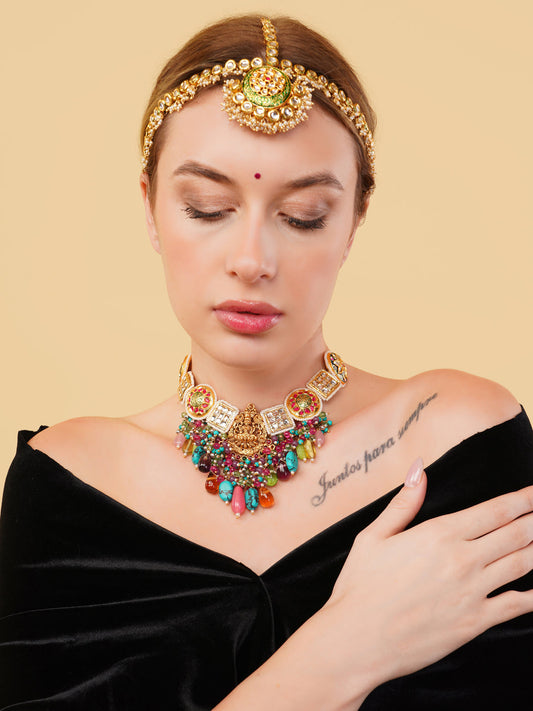 Red and Gold Temple Necklace with kundan tikras and mouthful of hangings to give a wholesome look from Dugristyle Ruhaniyat By Dugran