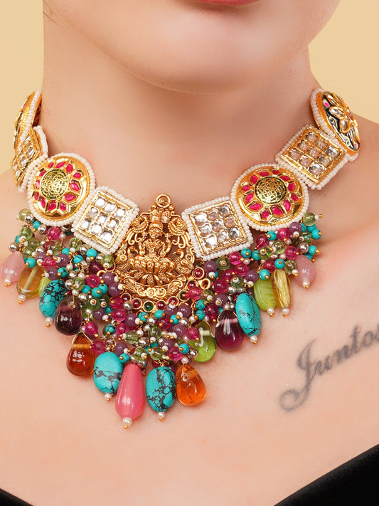 Red and Gold Temple Necklace with kundan tikras and mouthful of hangings to give a wholesome look from Dugristyle Ruhaniyat By Dugran